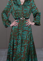 Modern Green V Neck Striped Print Sashes Satin Long Dress Long Sleeve