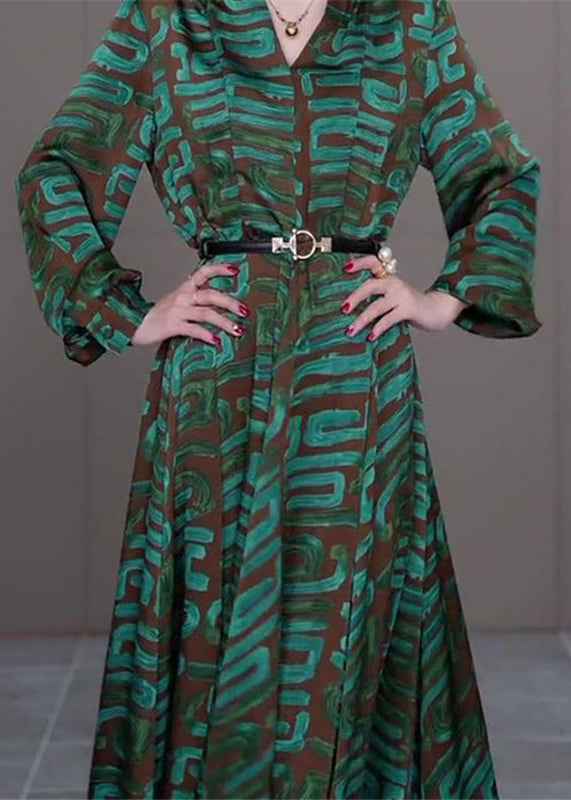 Modern Green V Neck Striped Print Sashes Satin Long Dress Long Sleeve