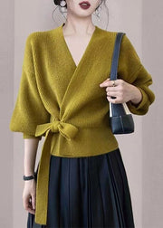 Modern Green V Neck Tie Waist Wool Knit Cardigan Spring