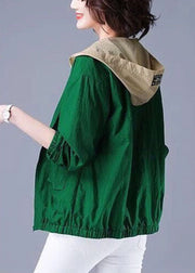 Modern Green Zippered Hooded Patchwork Spandex Jackets Long Sleeve