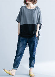 Modern Grey Asymmetrical Design Chiffon Patchwork Cotton T Shirts Short Sleeve