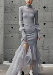 Modern Grey Asymmetrical Patchwork Tulle Knitted Wraped Dress Fall