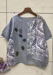 Modern Grey Asymmetrical Print Patchwork Cotton Top Summer