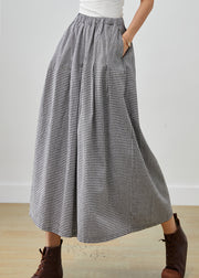 Modern Grey Elastic Waist Plaid Linen Wide Leg Pants Spring