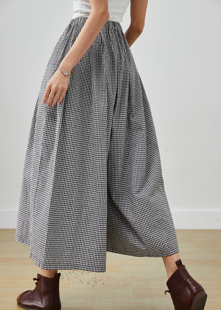 Modern Grey Elastic Waist Plaid Linen Wide Leg Pants Spring