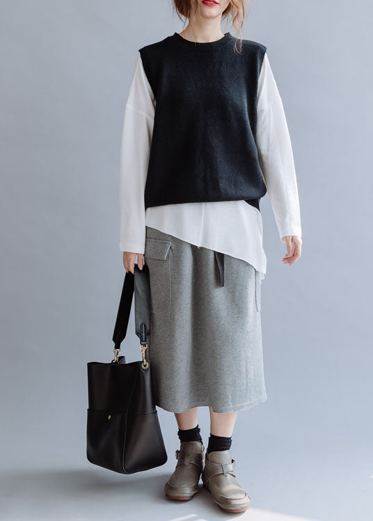 Modern Grey Elastic Waist Solid Pockets Cotton Skirt Fall