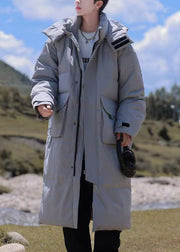 Modern Grey Hooded Button Pockets Duck Down Men Down Coats Winter