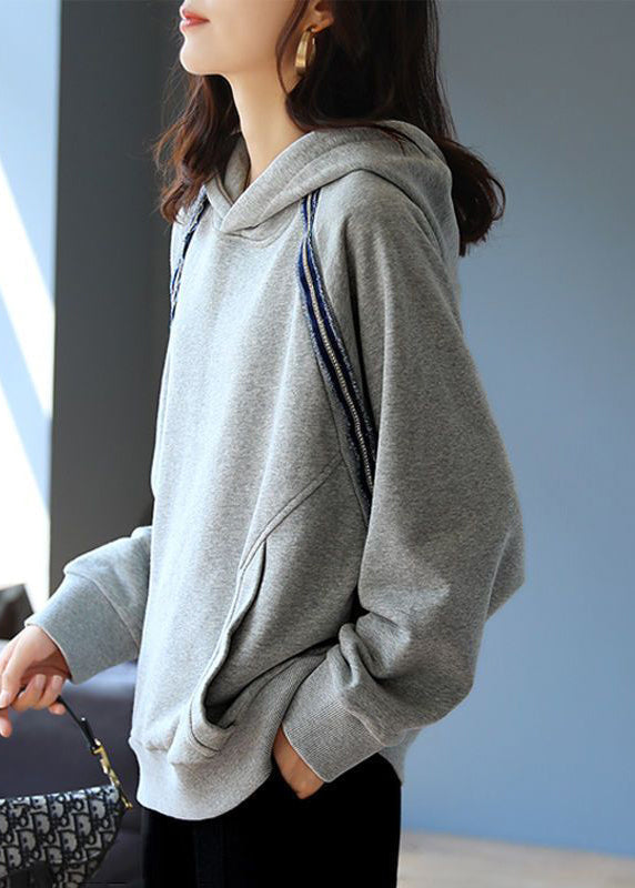 Modern Grey Hooded Pockets Cotton Pullover Sweatshirt Fall