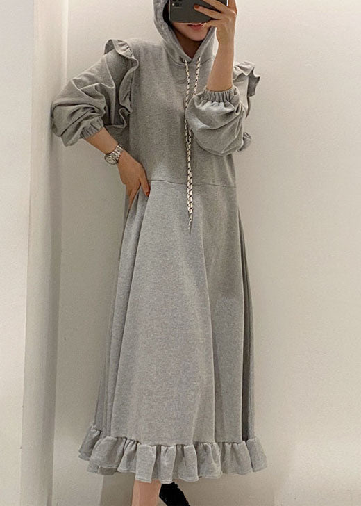 Modern Grey Hooded Ruffled Patchwork Cotton Dresses Spring