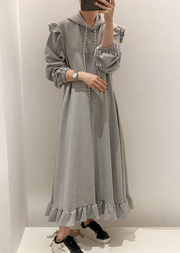 Modern Grey Hooded Ruffled Patchwork Cotton Dresses Spring