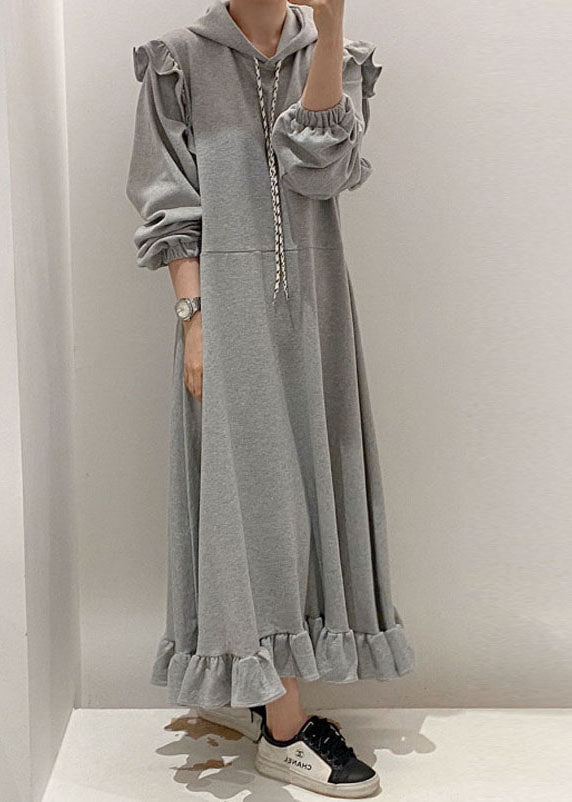 Modern Grey Hooded Ruffled Patchwork Cotton Dresses Spring