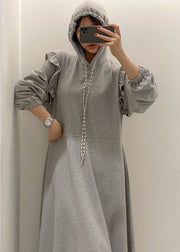 Modern Grey Hooded Ruffled Patchwork Cotton Dresses Spring