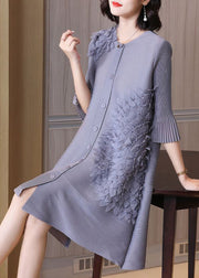 Modern Grey O-Neck Nail Bead A Line Dress Summer