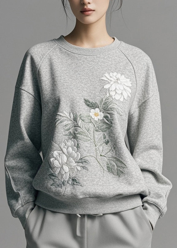 Modern Grey O-Neck Print Sweatshirts Fall