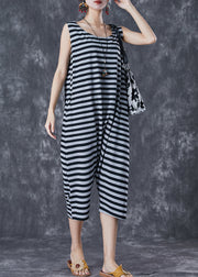 Modern Grey O-Neck Striped Cotton Overalls Jumpsuit Sleeveless