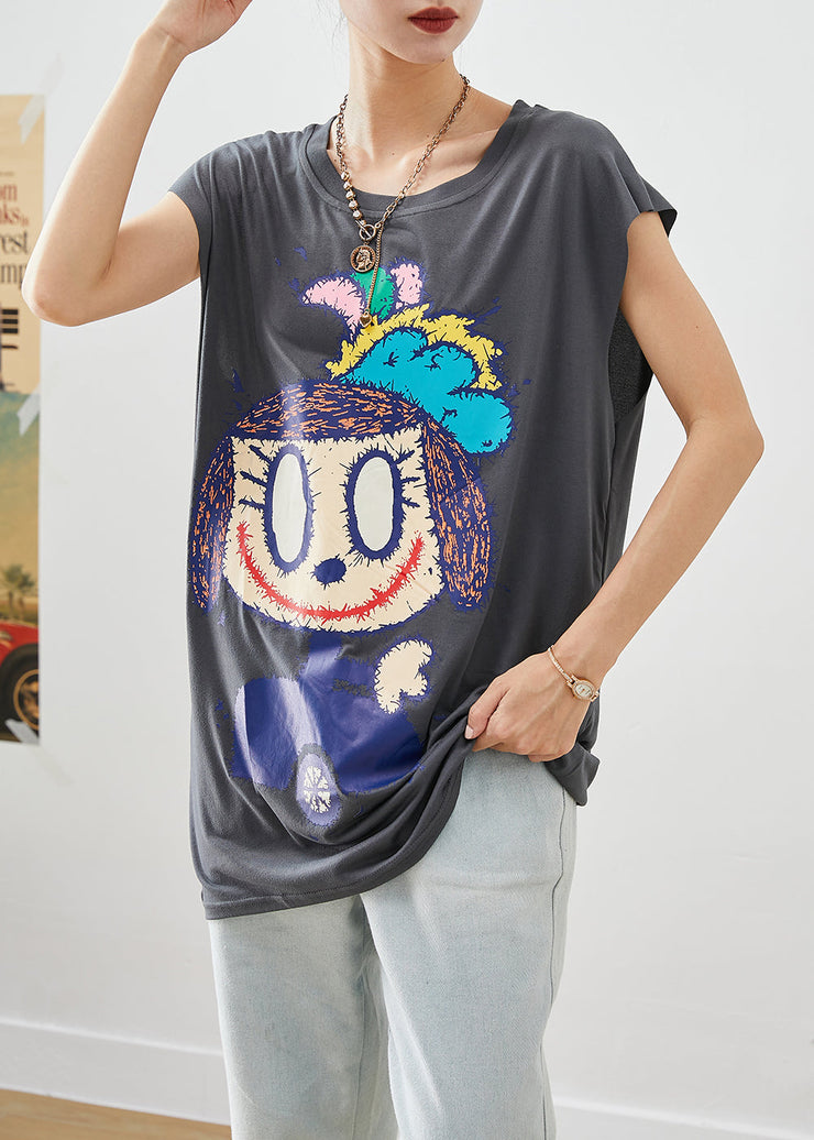 Modern Grey Oversized Cartoon Applique Cotton Vest Tops Sleeveless