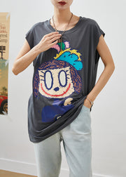 Modern Grey Oversized Cartoon Applique Cotton Vest Tops Sleeveless