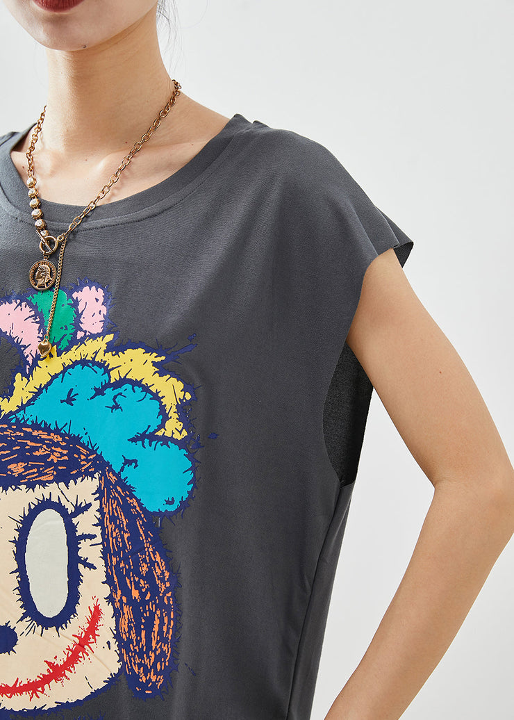 Modern Grey Oversized Cartoon Applique Cotton Vest Tops Sleeveless