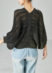 Modern Grey Oversized Hollow Out Knit Tops Batwing Sleeve