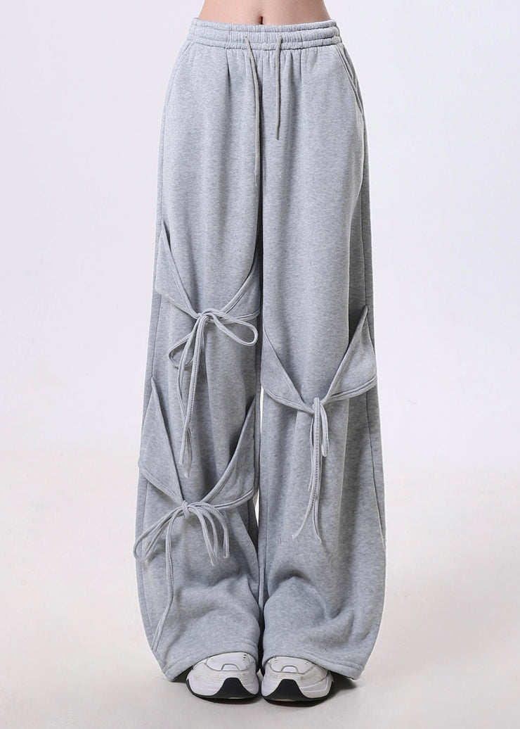 Modern Grey Oversized Lace Up Cotton Straight Pants Spring