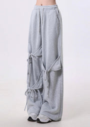 Modern Grey Oversized Lace Up Cotton Straight Pants Spring