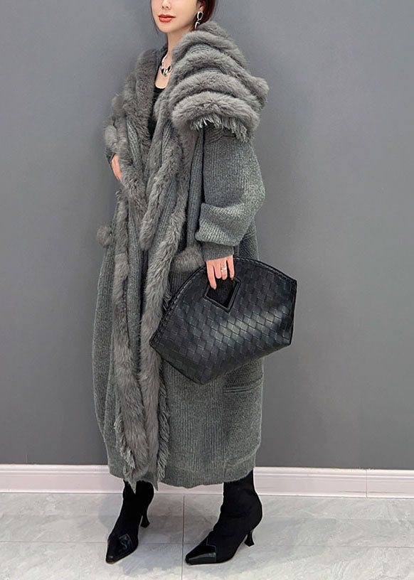 Modern Grey Oversized Patchwork Mink Hair Knitted Loose Cardigan Winter