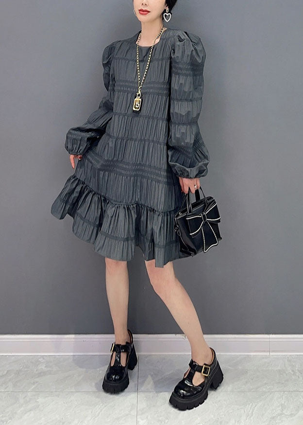 Modern Grey Patchwork Ruffles Cotton Mid Dress Puff Sleeve