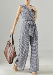 Modern Grey Plaid Tie Waist Cotton Jumpsuit Summer