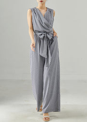 Modern Grey Plaid Tie Waist Cotton Jumpsuit Summer