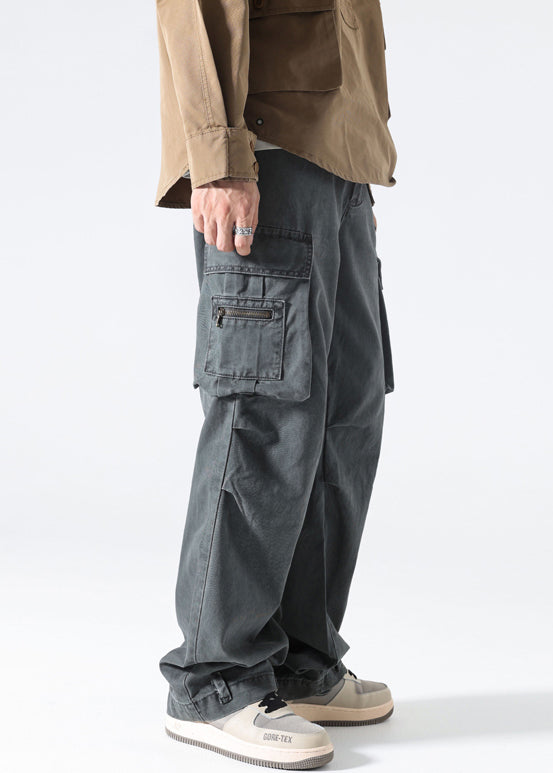 Modern Grey Pockets High Waist Cotton Mens Pants Spring