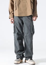 Modern Grey Pockets High Waist Cotton Mens Pants Spring