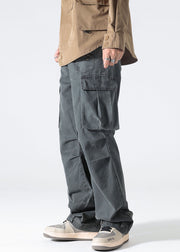 Modern Grey Pockets High Waist Cotton Mens Pants Spring