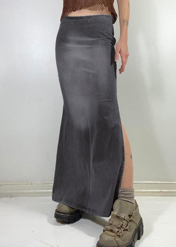 Modern Grey Side Open High Waist Patchwork Maxi Skirts Fall