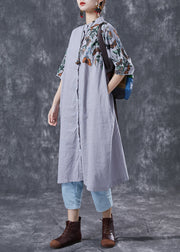 Modern Grey Stand Collar Print Linen Long Dress Summer