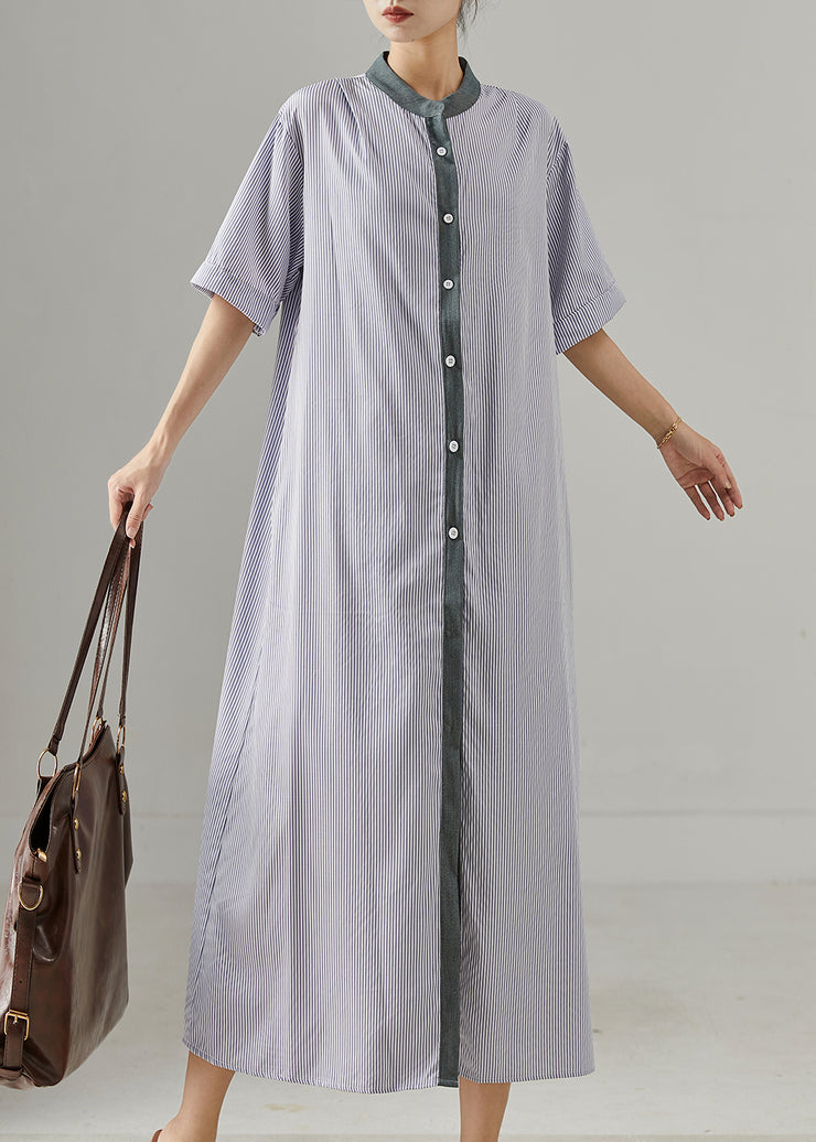 Modern Grey Stand Collar Striped Cotton Shirt Dress Summer