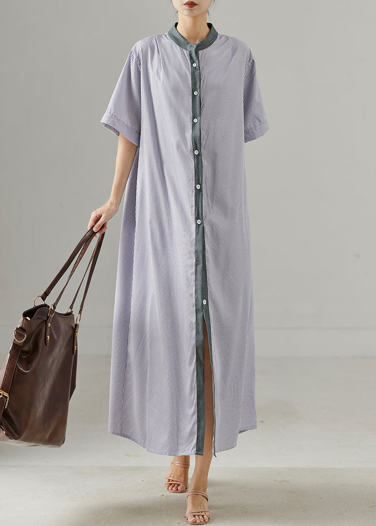 Modern Grey Stand Collar Striped Cotton Shirt Dress Summer