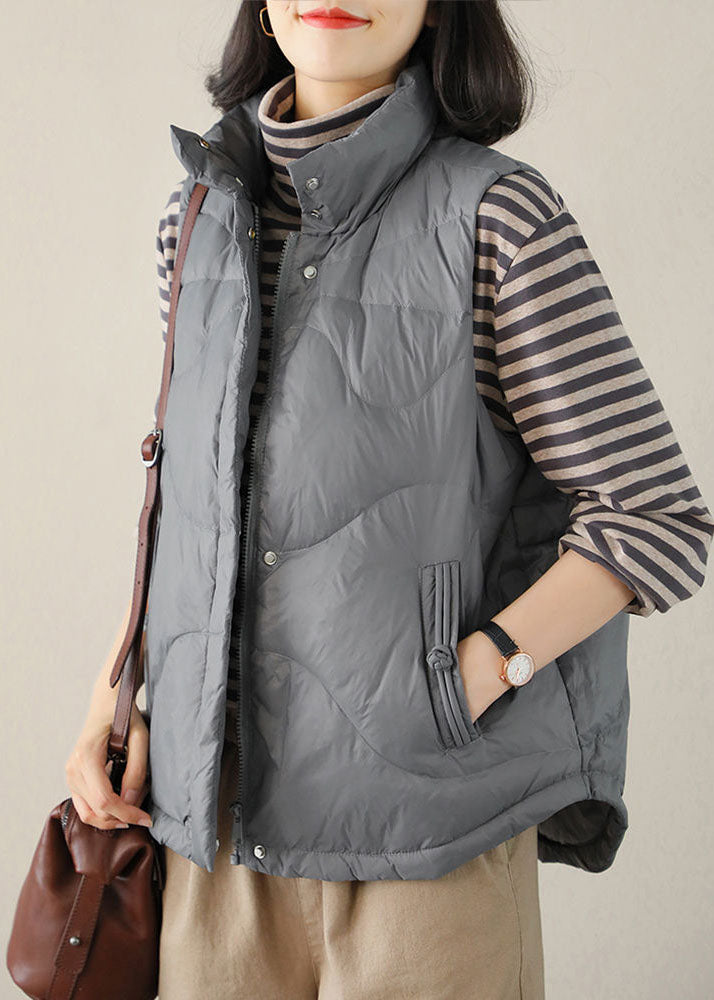 Modern Grey Stand Collar Zip Up Button Duck Down Vest Tops Winter