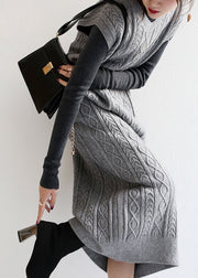 Modern Grey V Neck Cable Long Knit Waistcoat Sweaters Dress Fall