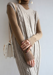 Modern Grey V Neck Cable Long Knit Waistcoat Sweaters Dress Fall