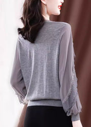 Modern Grey V Neck Ice Silk Patchwork Knit Top Spring