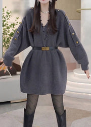 Modern Grey V Neck Metal buttons Knit Sweater Dress Spring