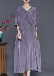 Modern Grey V Neck Patchwork Wrinkled Linen Dress Summer