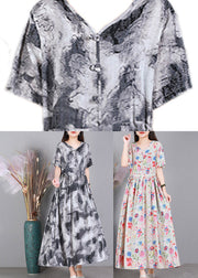 Modern Grey V Neck Print Button Linen Dress Short Sleeve