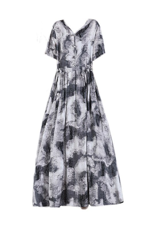 Modern Grey V Neck Print Button Linen Dress Short Sleeve