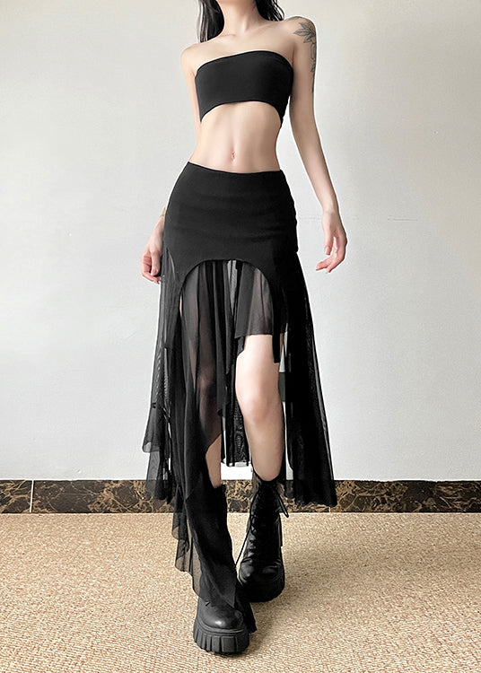 Modern Khaki Asymmetrical Patchwork Side Open Tulle Skirt Summer