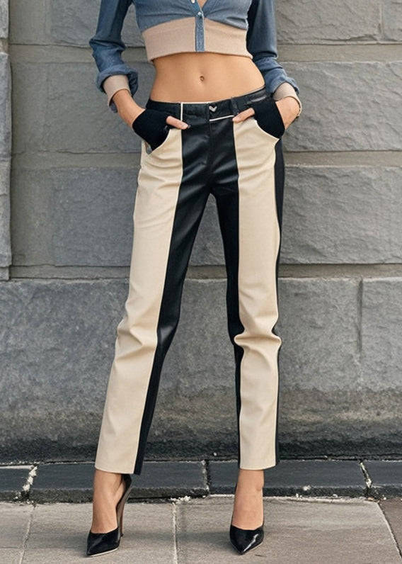 Modern Khaki Black Patchwork Pockets Faux Leather Pants Fall