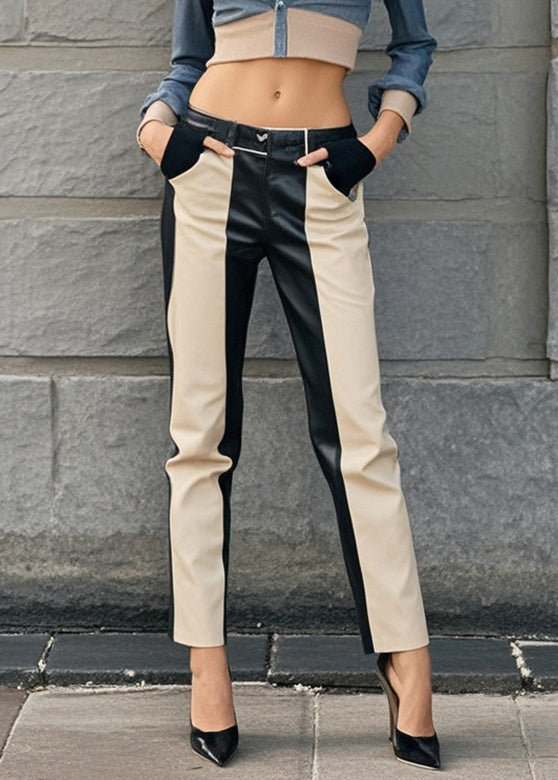 Modern Khaki Black Patchwork Pockets Faux Leather Pants Spring