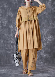 Modern Khaki Embroidered Patchwork Linen Two Piece Set Fall