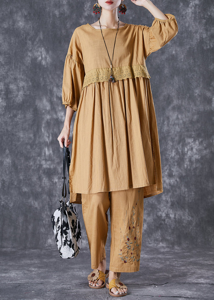 Modern Khaki Embroidered Patchwork Linen Two Piece Set Fall