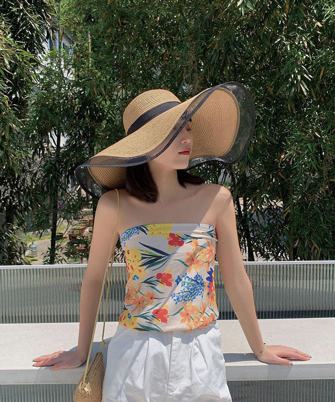 Modern Khaki Floppy Sun Hat Patchwork Organza